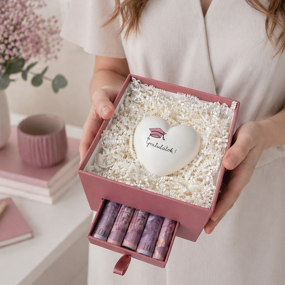 Ballagási ajándék lányoknak - rózsaszín pénztartó doboz