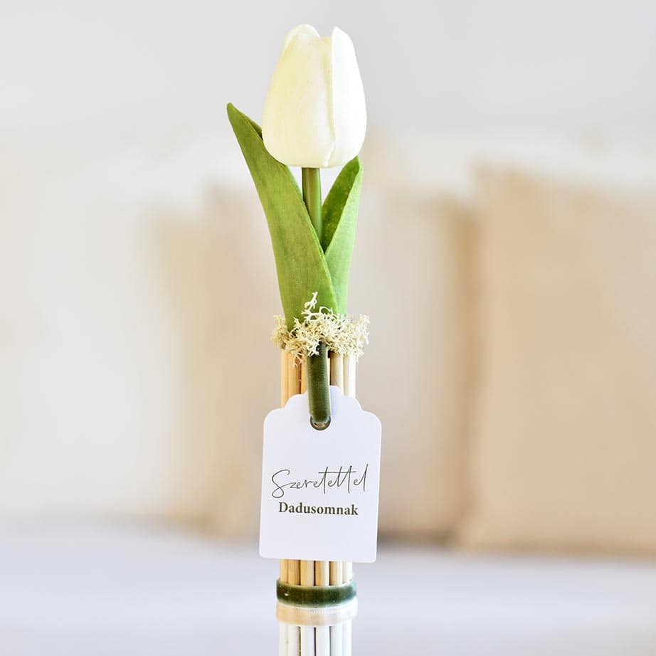 Pedagógus ajándék – rattan pálcás tulipán fehér színű, fémállvánnyal