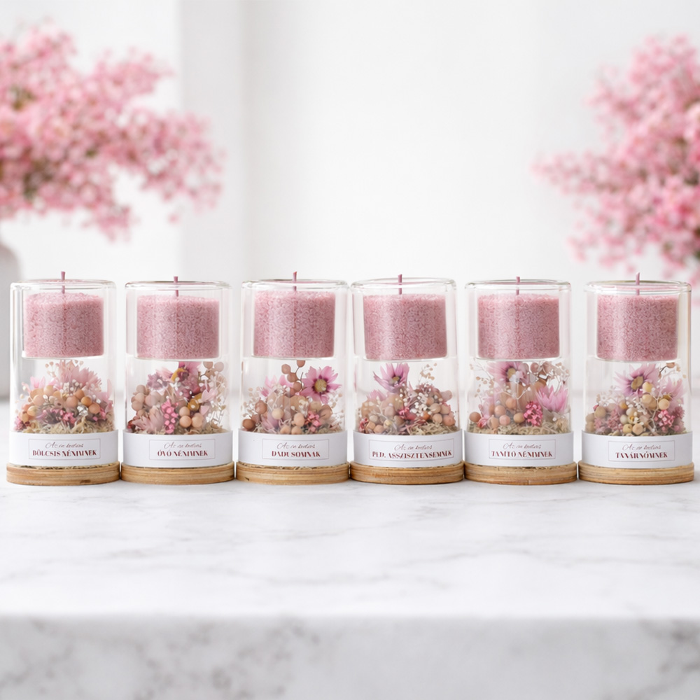 Búcsúajándék pedagógusoknak - homokgyertya szárított virágokkal