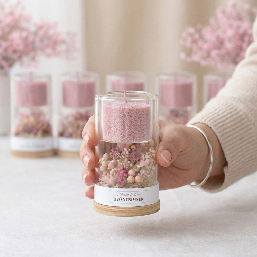 Búcsúajándék pedagógusoknak - homokgyertya szárított virágokkal