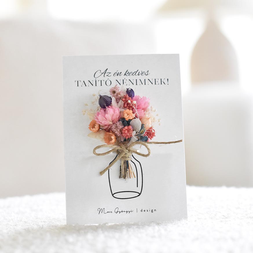 Szárított virágos hűtőmágnes - kézműves búcsúajándék Óvónőknek, Dadusoknak, Tanítóknak - Fehér papír-tanító nénimnek