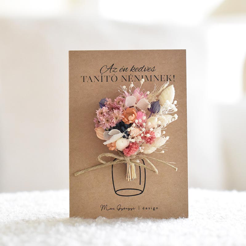 Szárított virágos hűtőmágnes - kézműves búcsúajándék Óvónőknek, Dadusoknak, Tanítóknak - Barna papír-tanító nénimnek
