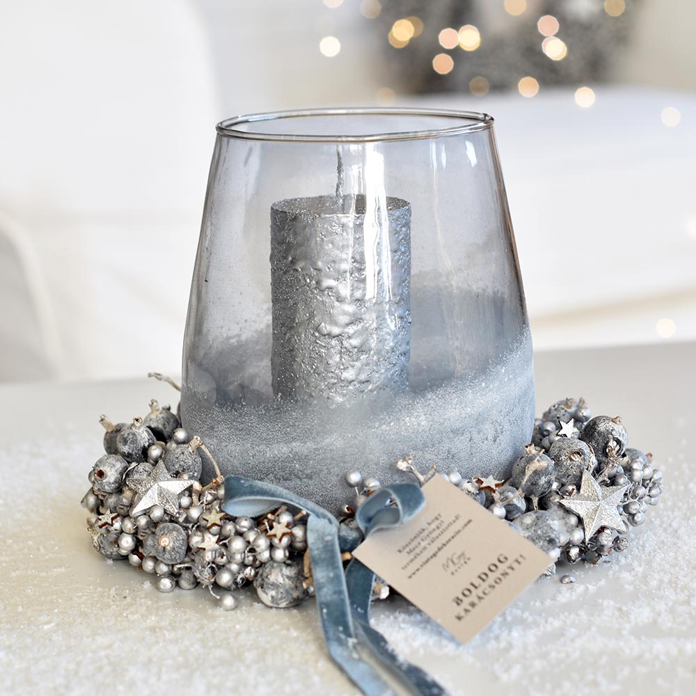 Ezüst karácsonyi asztaldísz gyertyával