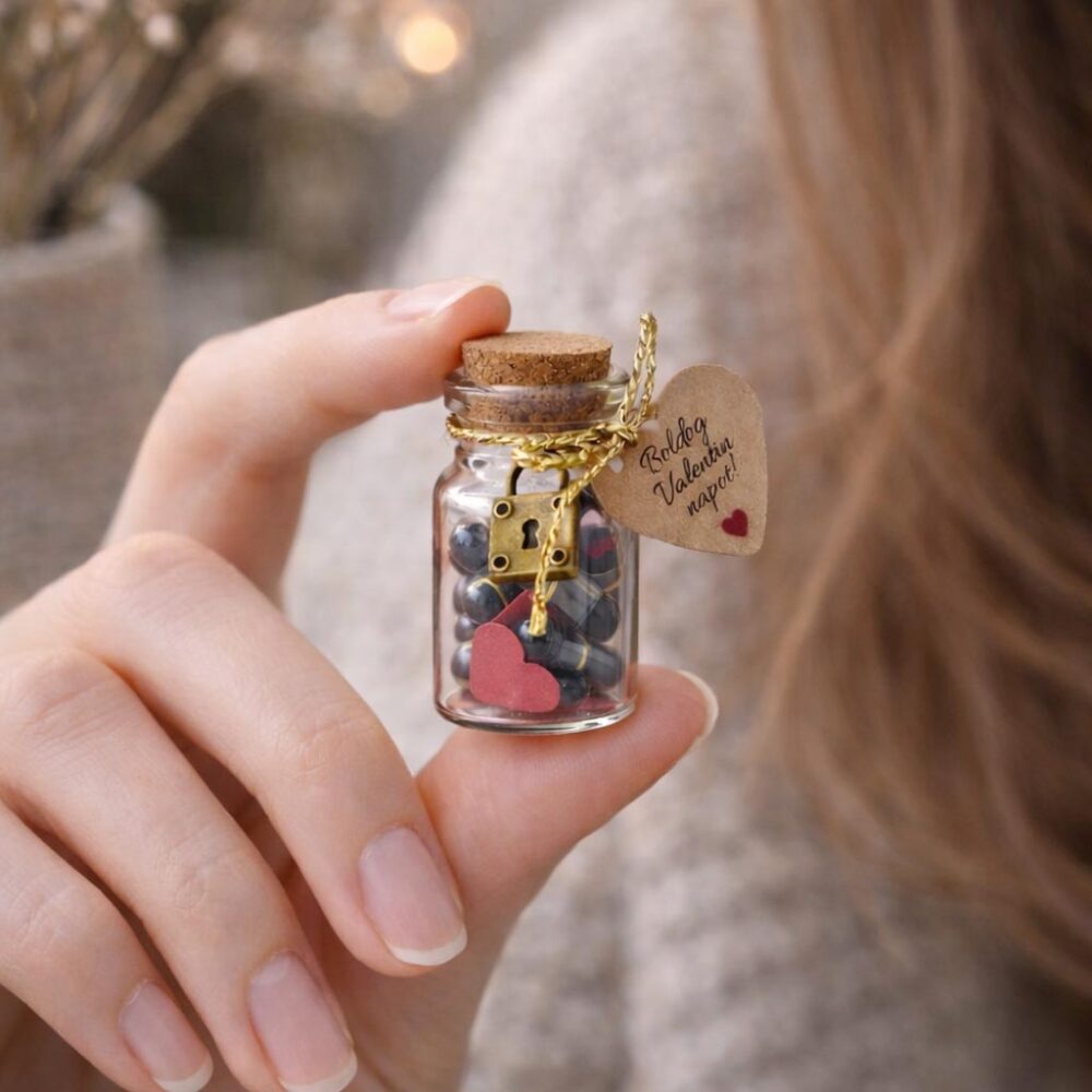 Egyedi Valentin-napi üveg kapszulákkal és piros szívekkel