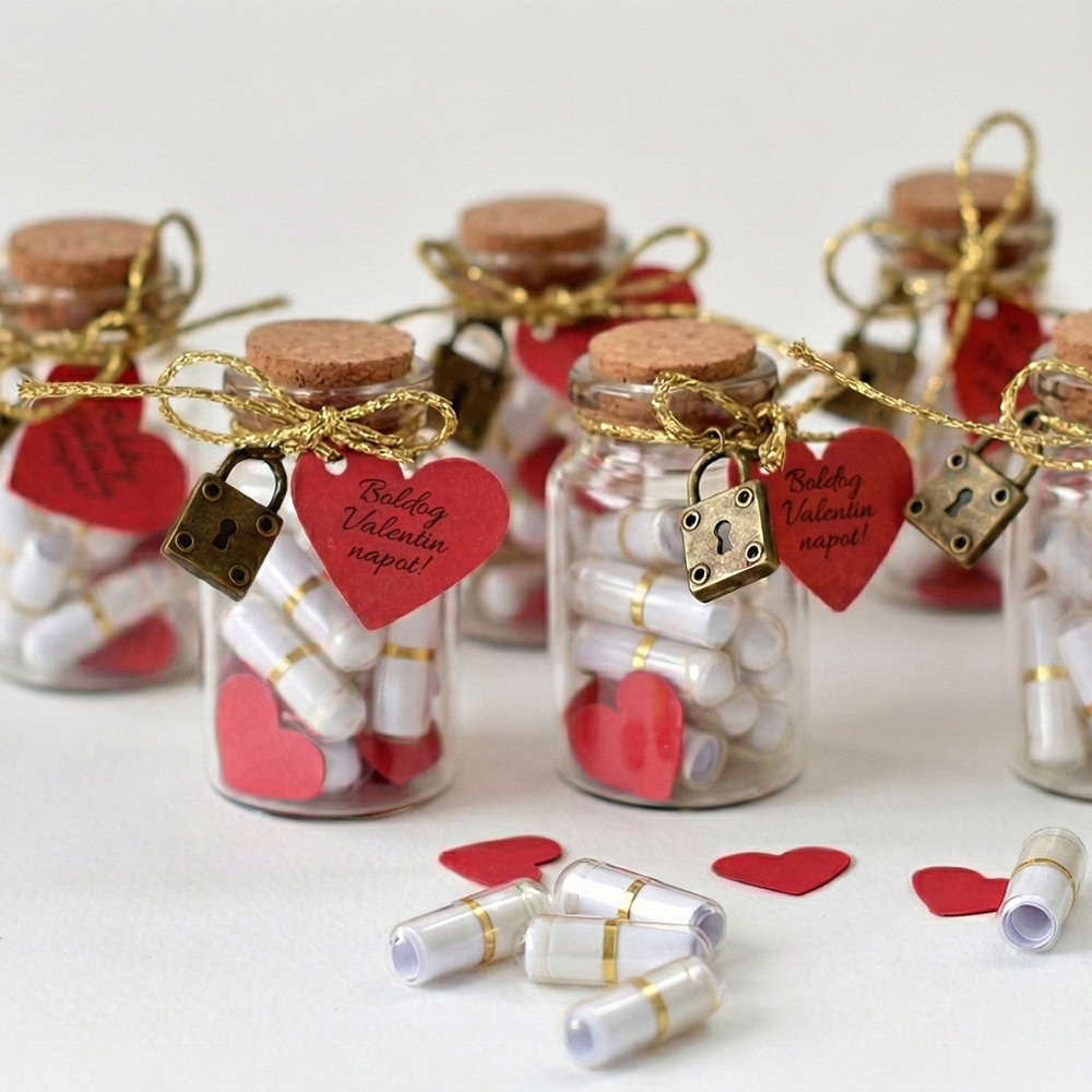 Egyedi Valentin-napi üveg kapszulákkal és piros szívekkel