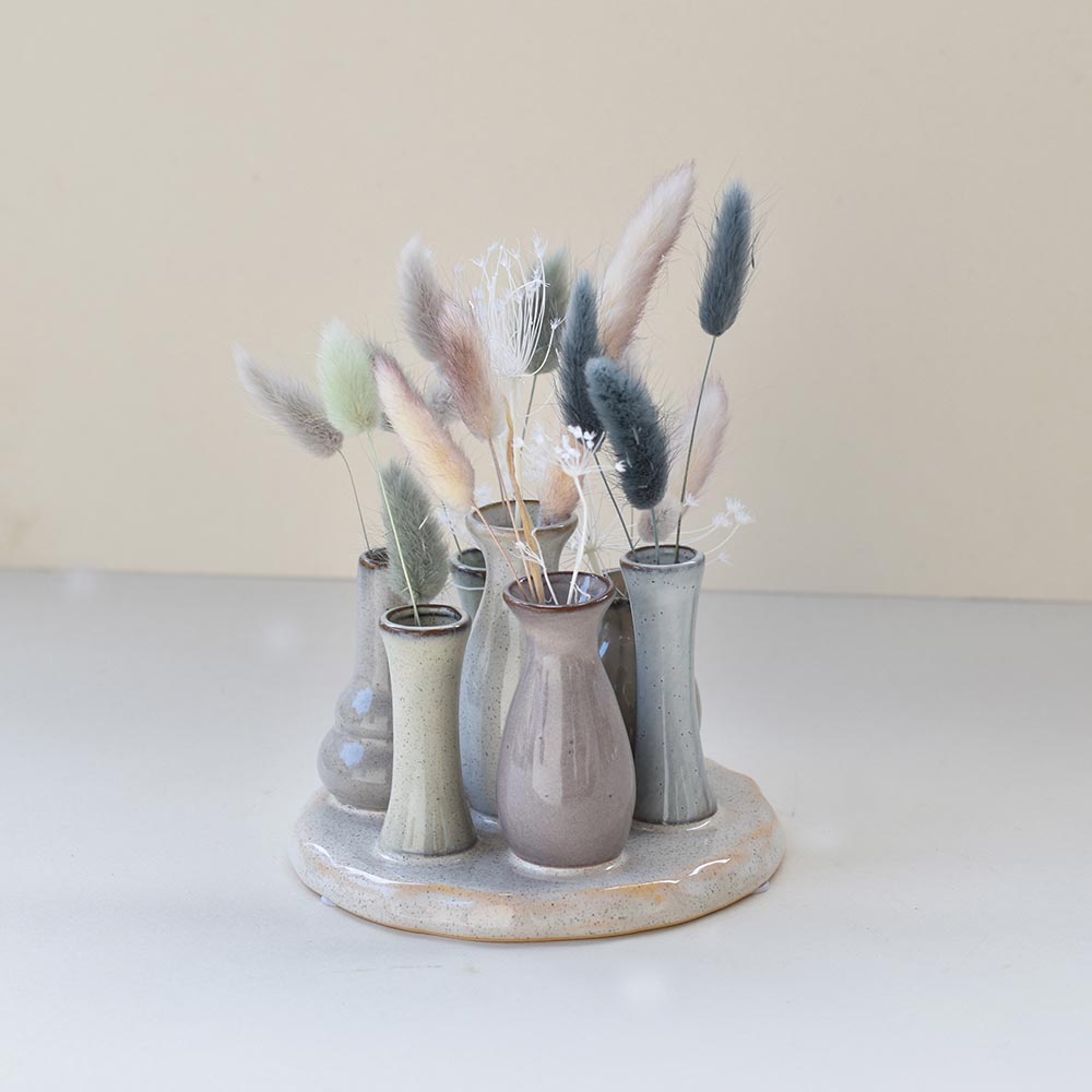 Kerámia váza szett szárazvirággal - pasztell mini lakásdekoráció