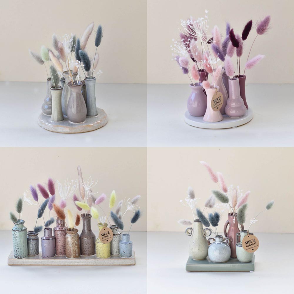 Kerámia váza szett szárazvirággal - pasztell mini lakásdekoráció