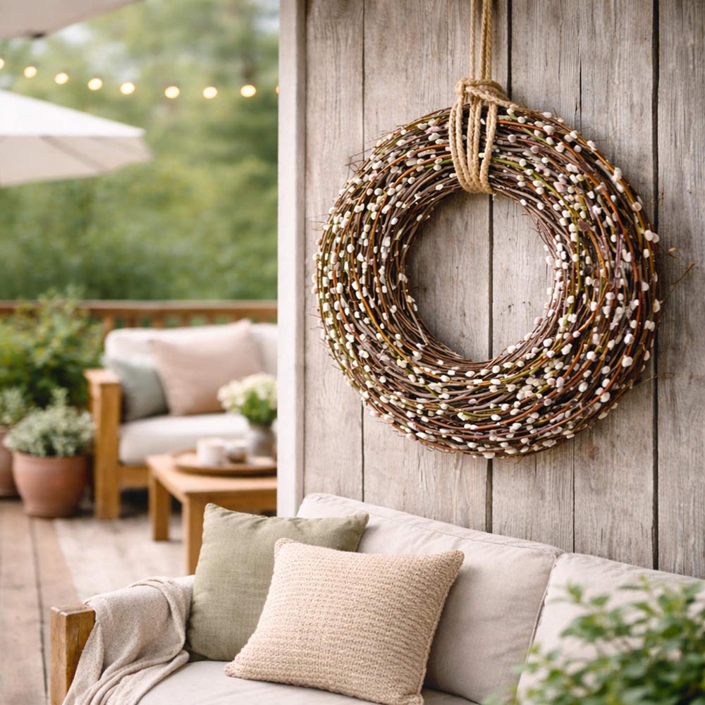 Nagyméretű fonott vessző koszorú barkaágakkal