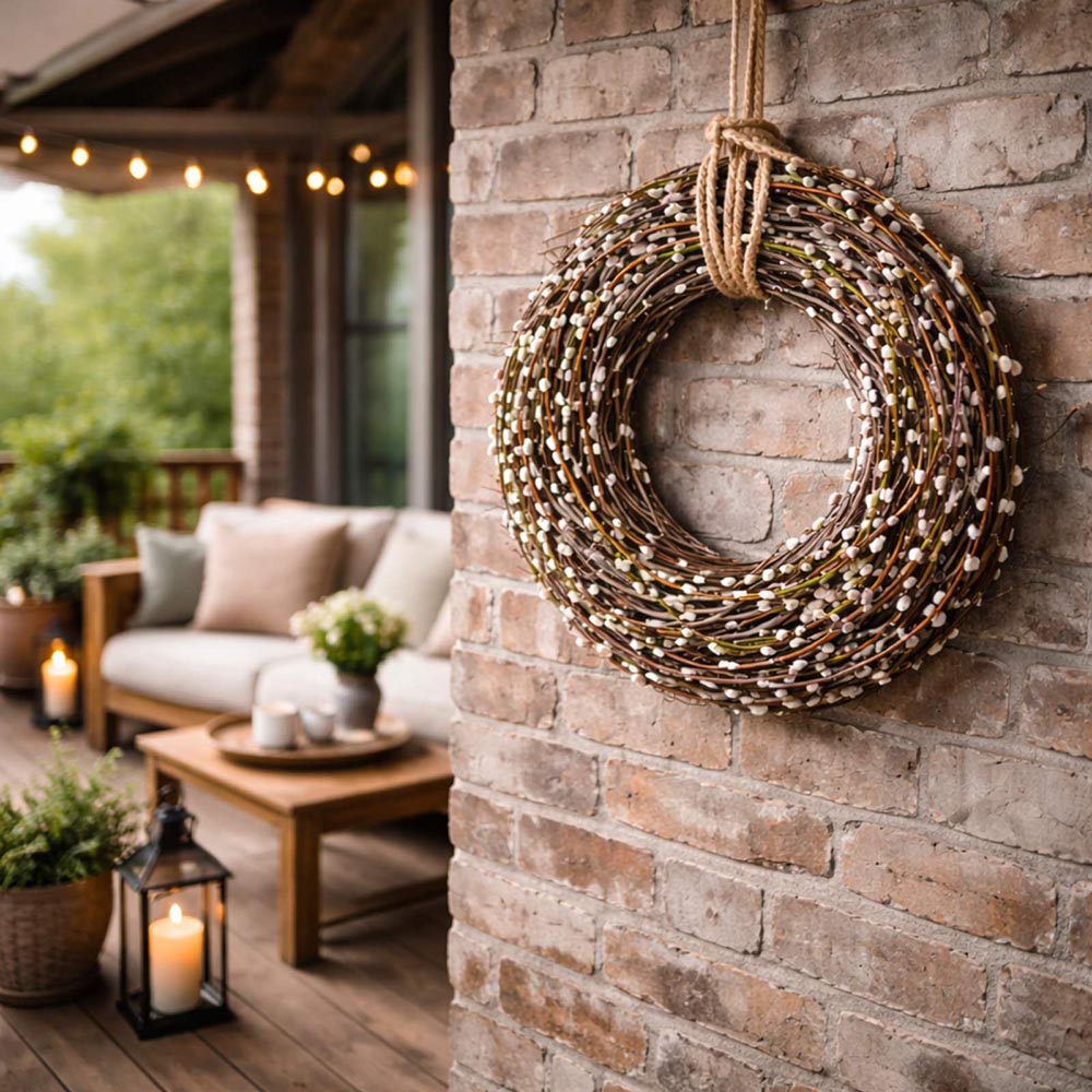 Nagyméretű fonott vessző koszorú barkaágakkal