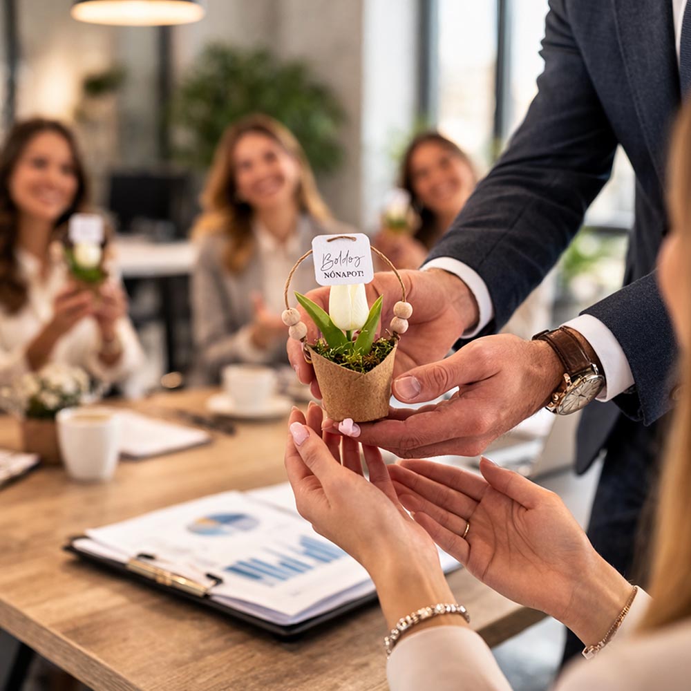 Nőnapi ajándék - ECO kaspós tulipán cégeknek
