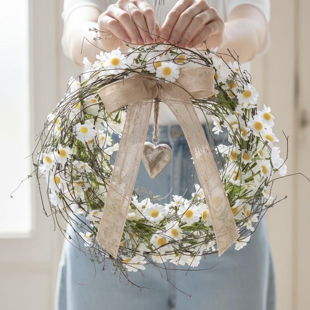 Tavaszi ajtódísz élethű kamilla virágokból