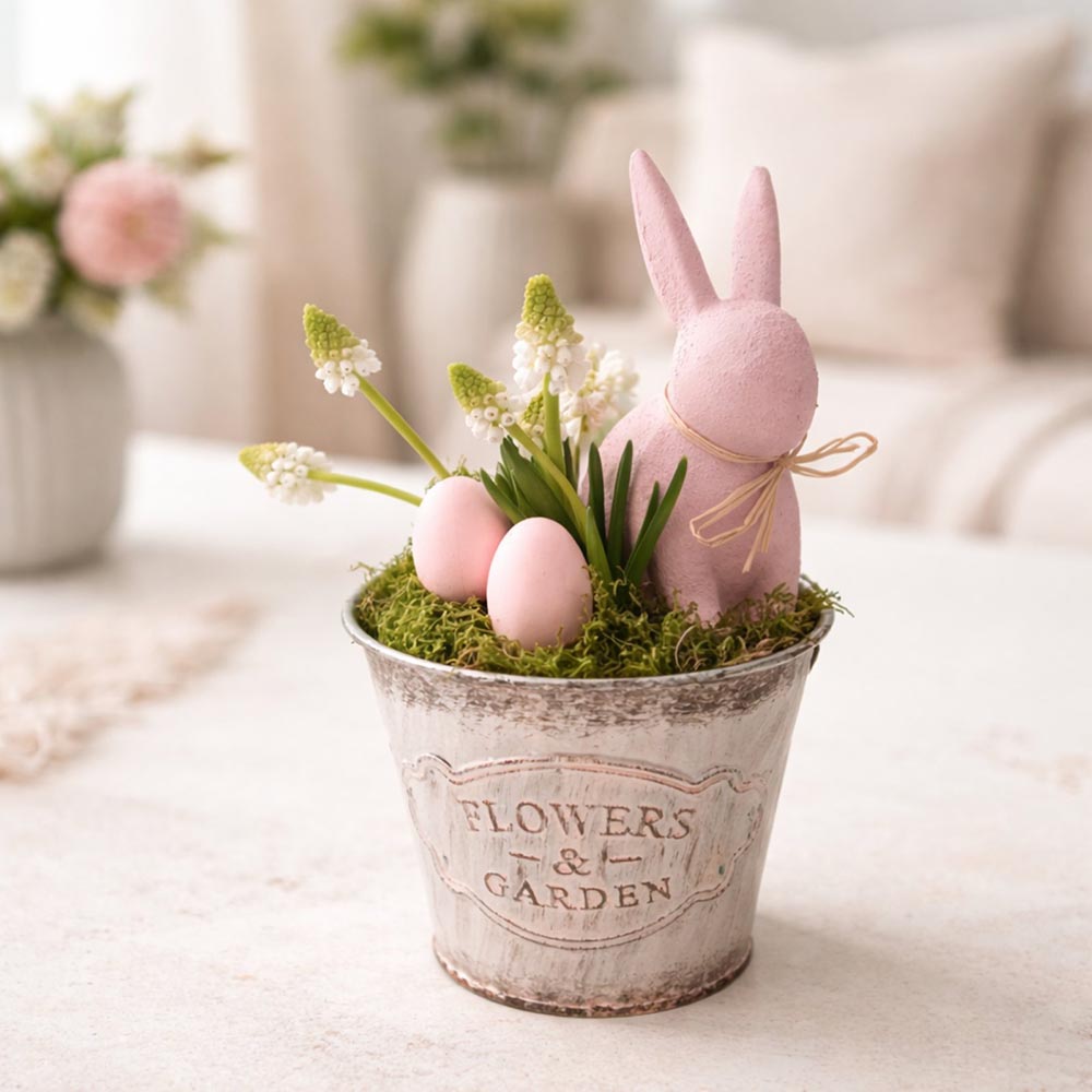 Húsvéti nyuszi asztaldísz kaspóban tojásokkal