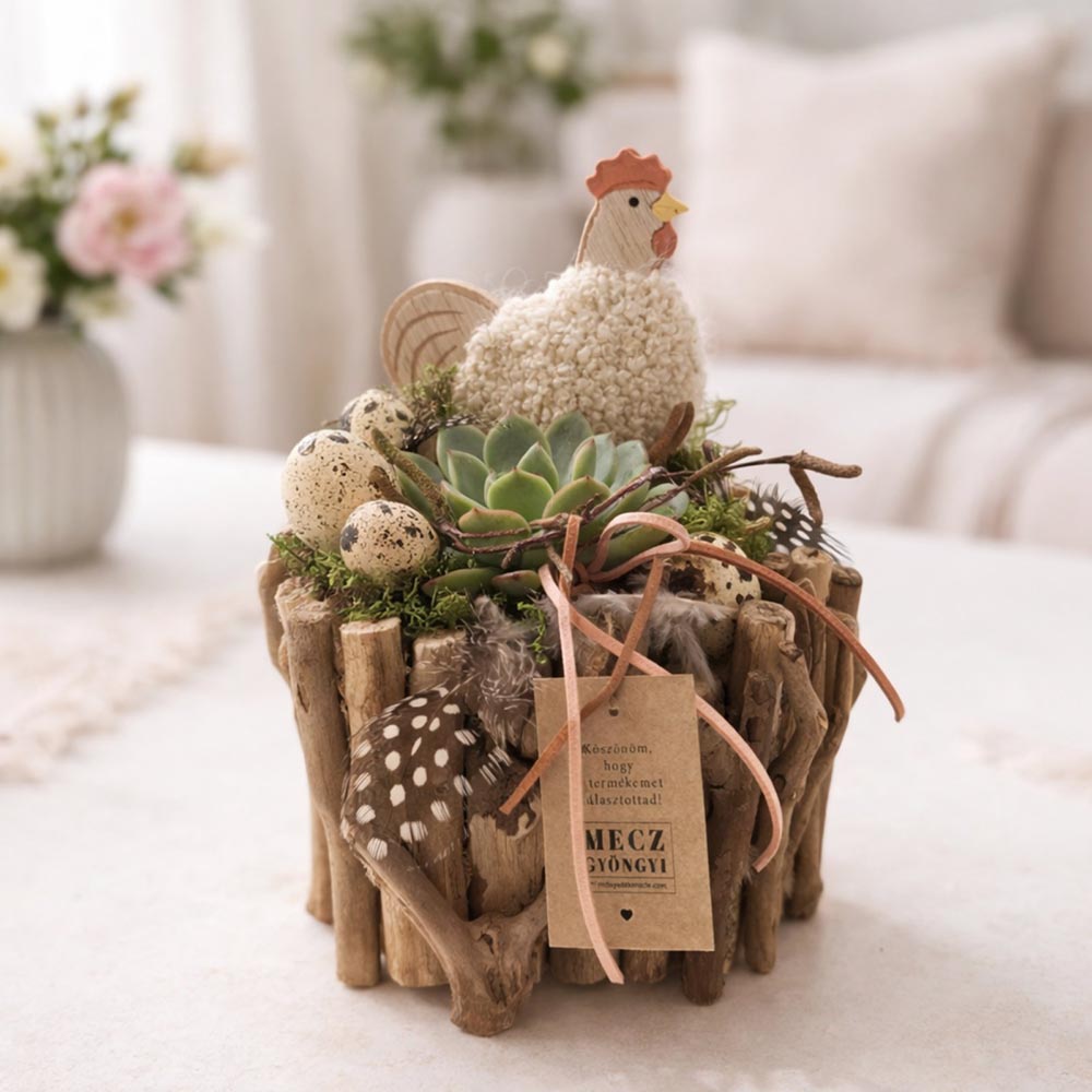Húsvéti természetes asztaldísz kövirózsával - nyuszi vagy kakas figurával - Image 3
