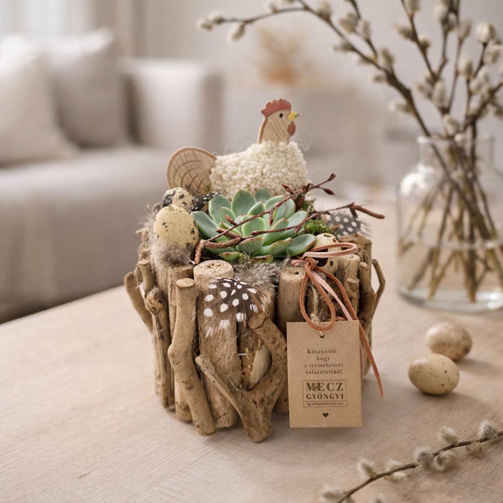 Húsvéti természetes asztaldísz kövirózsával - nyuszi vagy kakas figurával