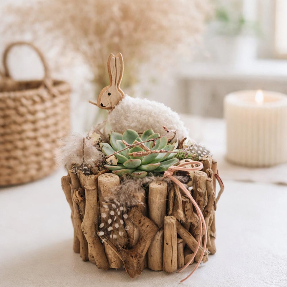 Alternative view of Húsvéti természetes asztaldísz kövirózsával - nyuszi vagy kakas figurával