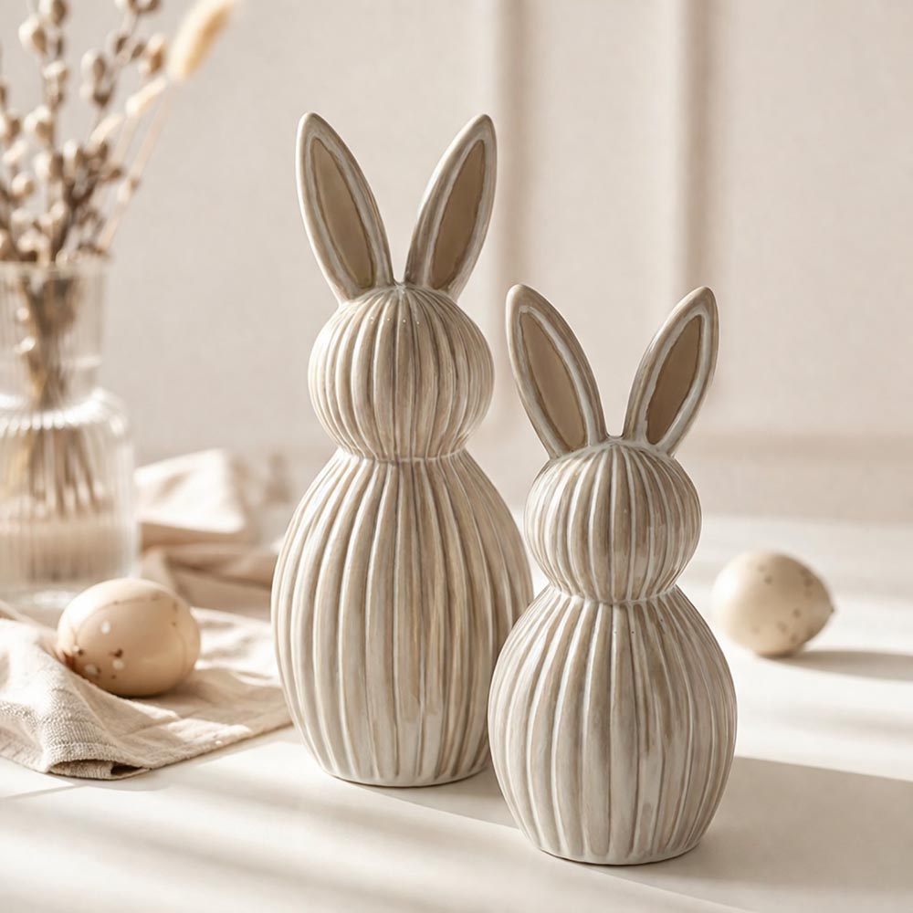 Kerámia nyuszi dekoráció - bordázott, natúr stílus