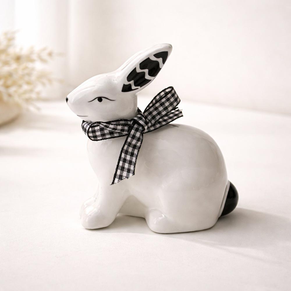Kerámia nyuszi dekoráció masnival - fekete-fehér stílus