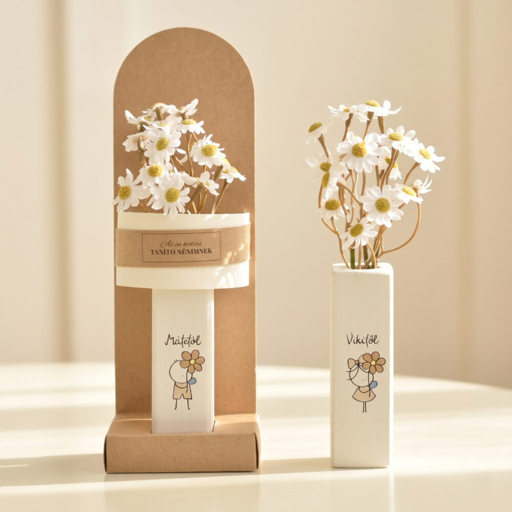 Ajándék pedagógusoknak - fa virágtartó egyedi rajzzal