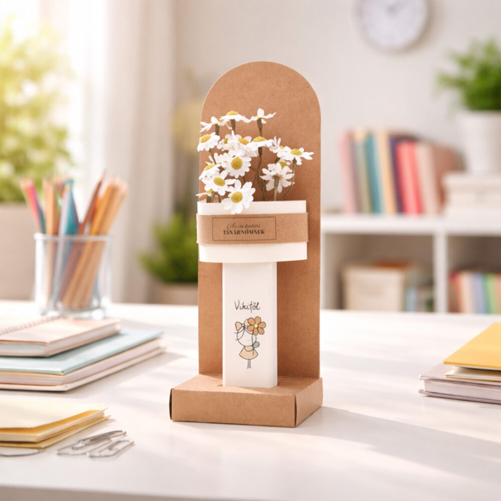 Ajándék pedagógusoknak - fa virágtartó egyedi rajzzal