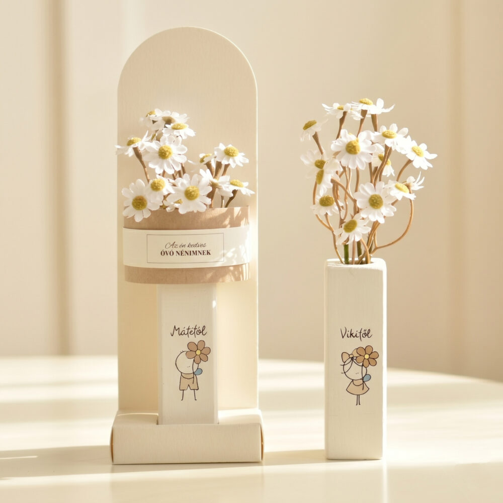 Ajándék pedagógusoknak - fa virágtartó egyedi rajzzal