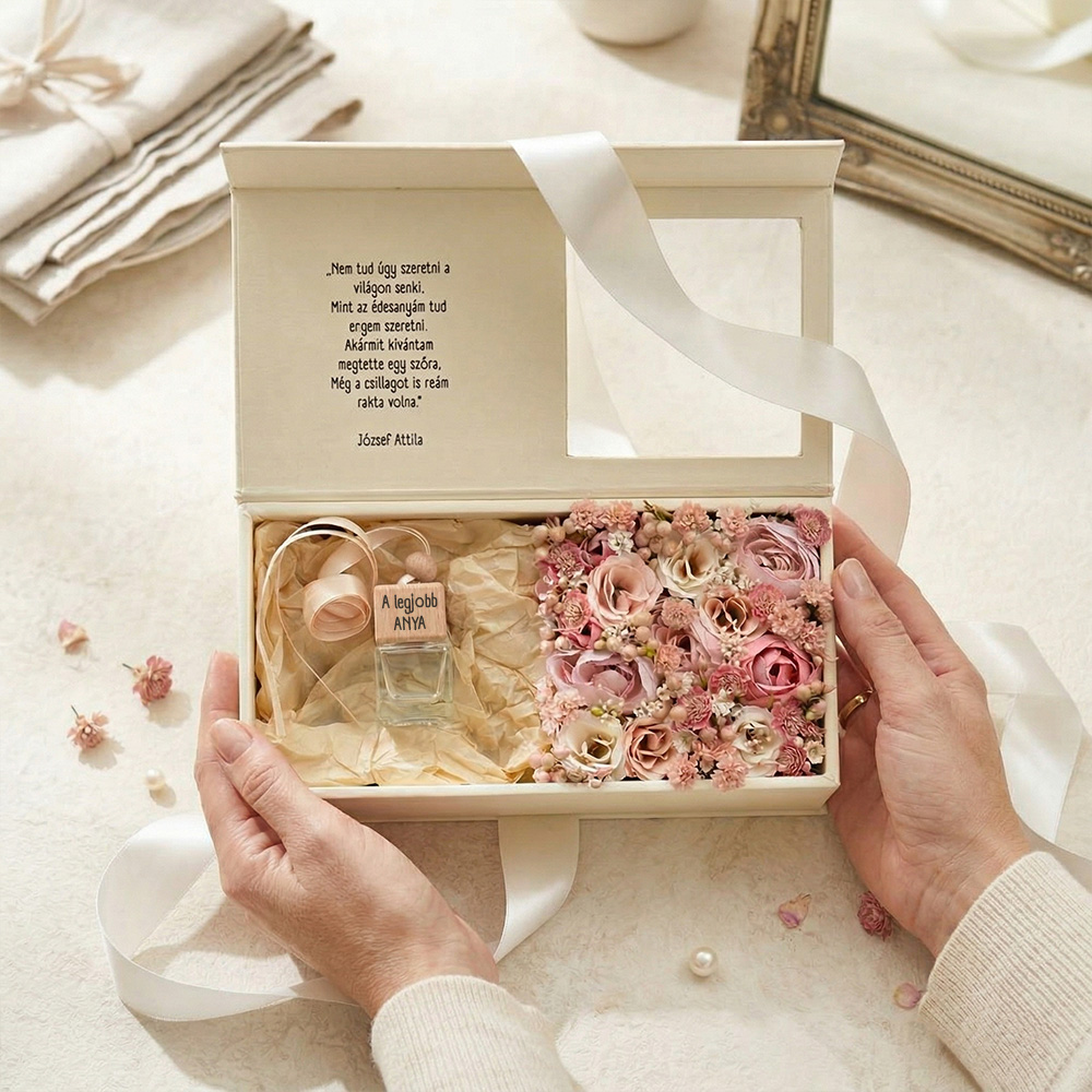 Anyák napi autóillatosító díszdobozban virágokkal
