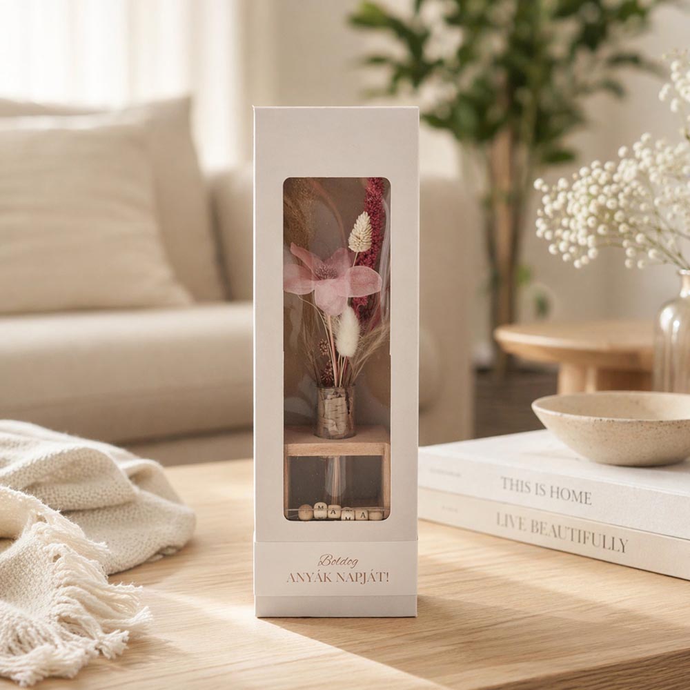 Anyák napi fa virágtartó homokkal és szárított virággal - Anya/Mama felirattal