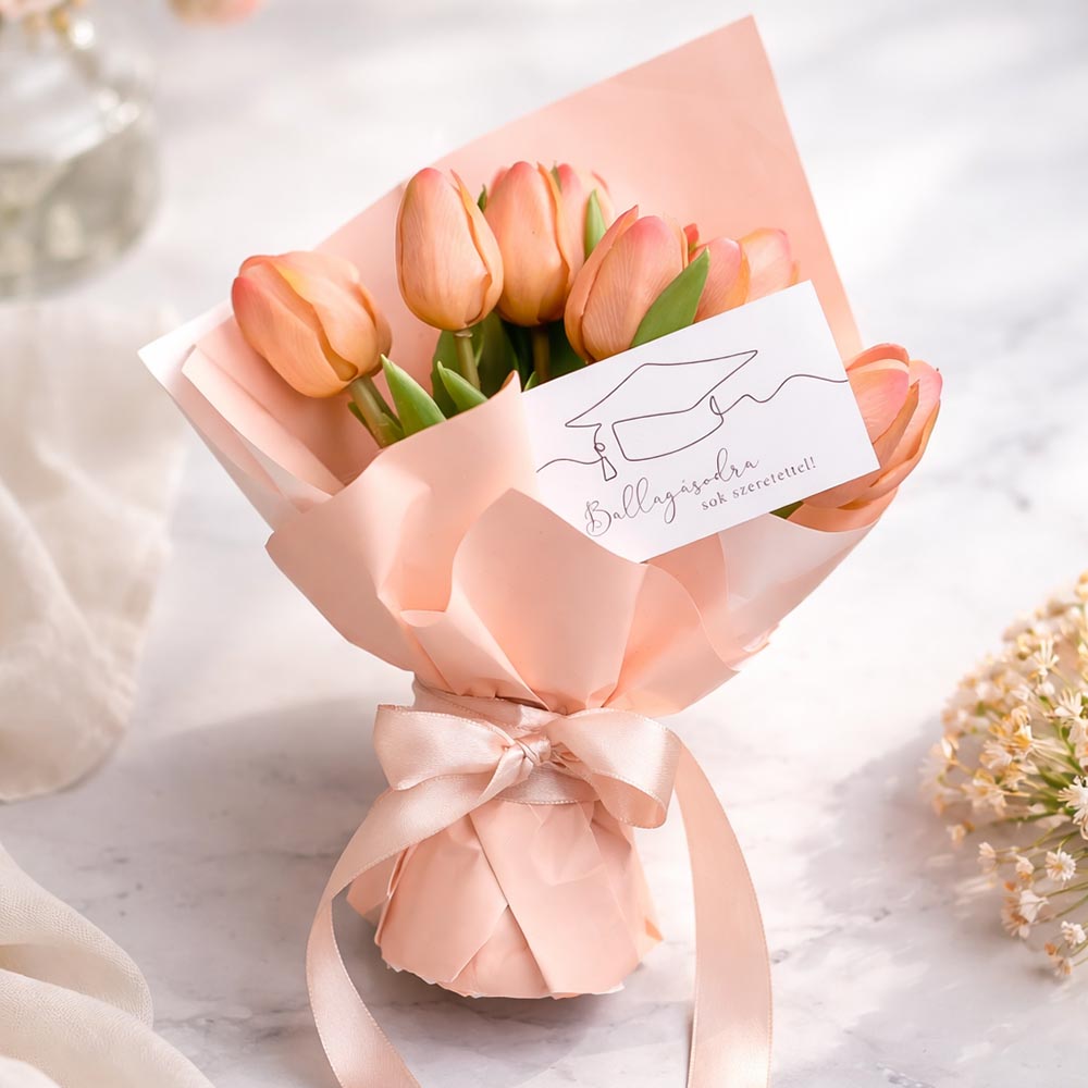 Ballagási virágcsokor barack tulipánnal