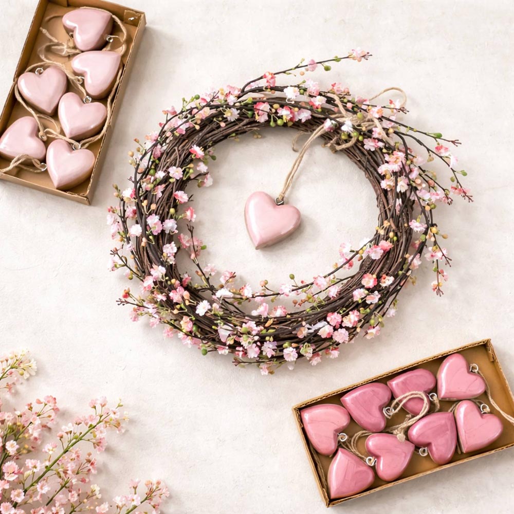 Dekoratív ajtókoszorú rózsaszín virágokkal és szívvel - Image 3