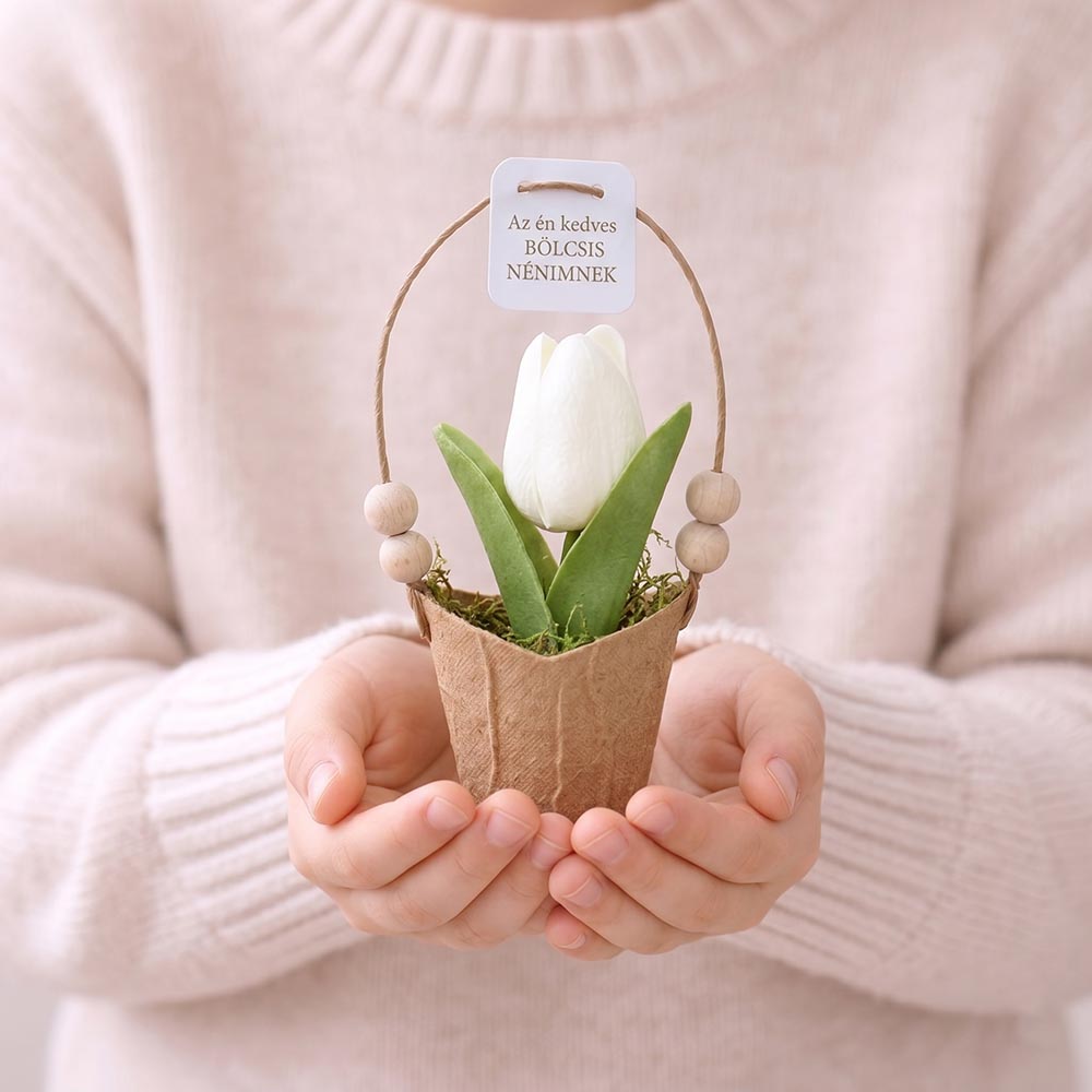 Pedagógus ajándék ballagásra - ECO kaspós fehér tulipán