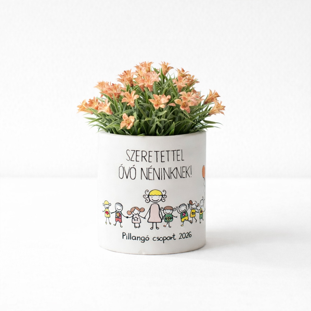 Pedagógus ajándék - kaspó egyedi rajzzal és virággal