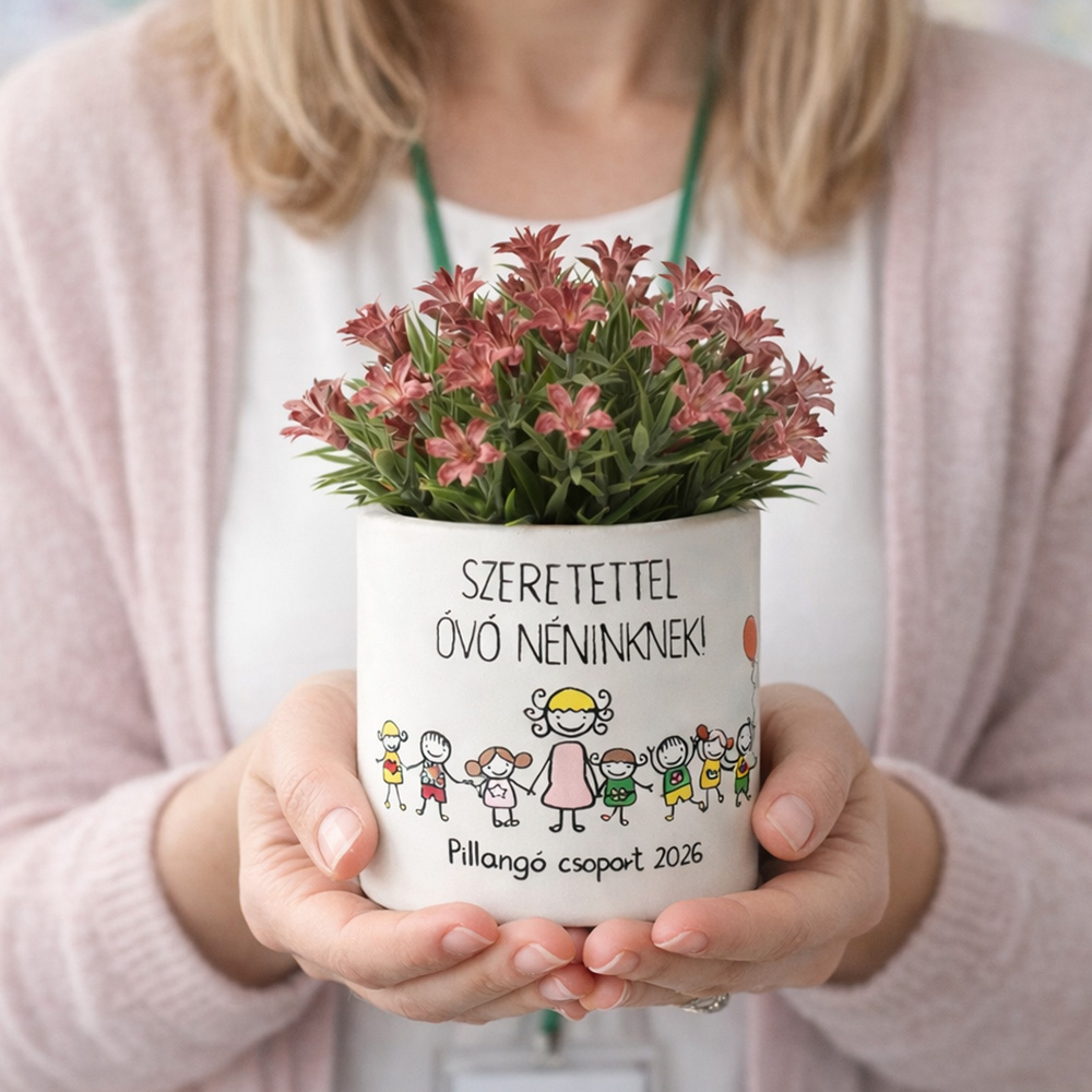 Pedagógus ajándék - kaspó egyedi rajzzal és virággal