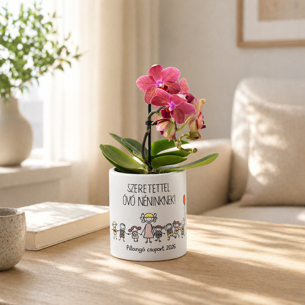 Pedagógus ajándék - kaspó egyedi rajzzal és virággal
