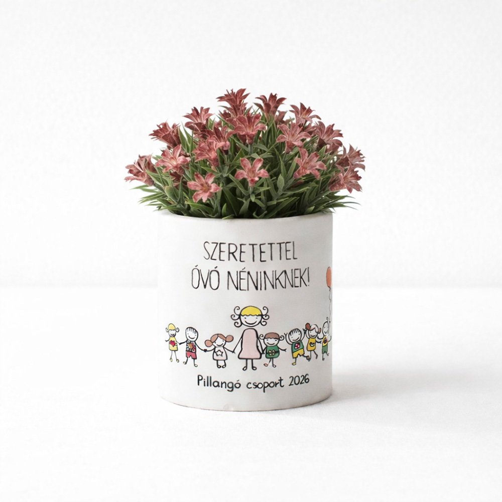 Pedagógus ajándék - kaspó egyedi rajzzal és virággal