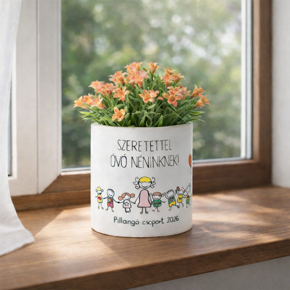 Pedagógus ajándék - kaspó egyedi rajzzal és virággal