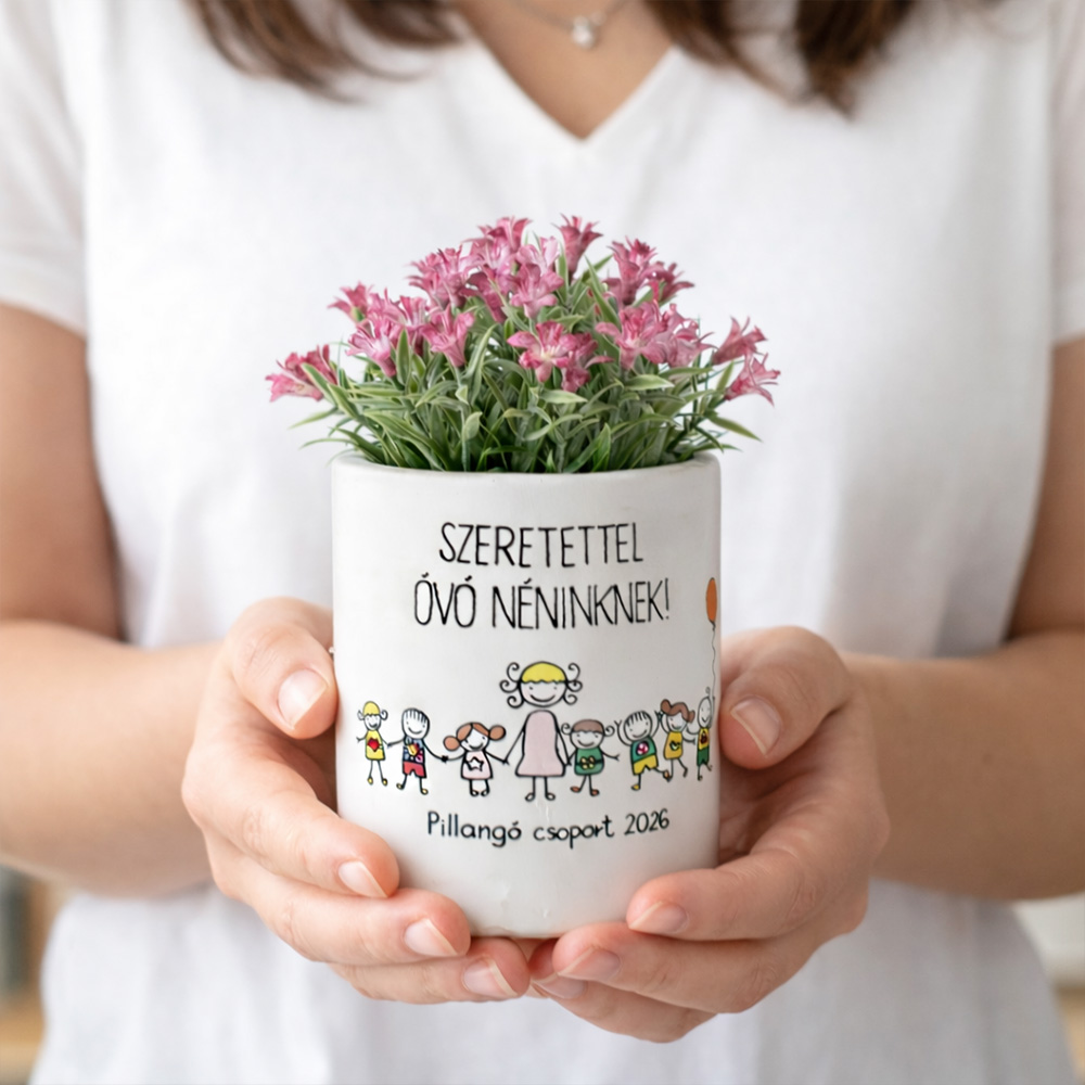 Pedagógus ajándék - kaspó egyedi rajzzal és virággal
