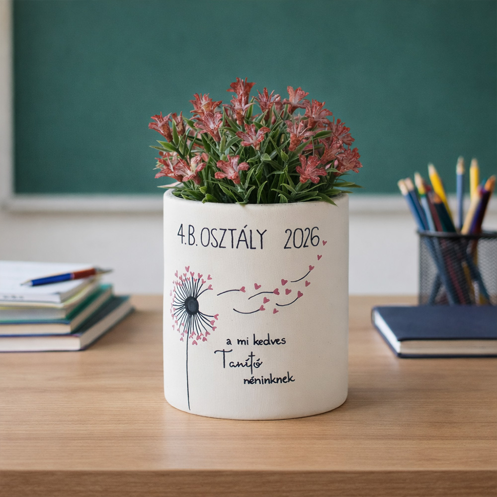 Pedagógus ajándék - kaspó egyedi rajzzal és virággal