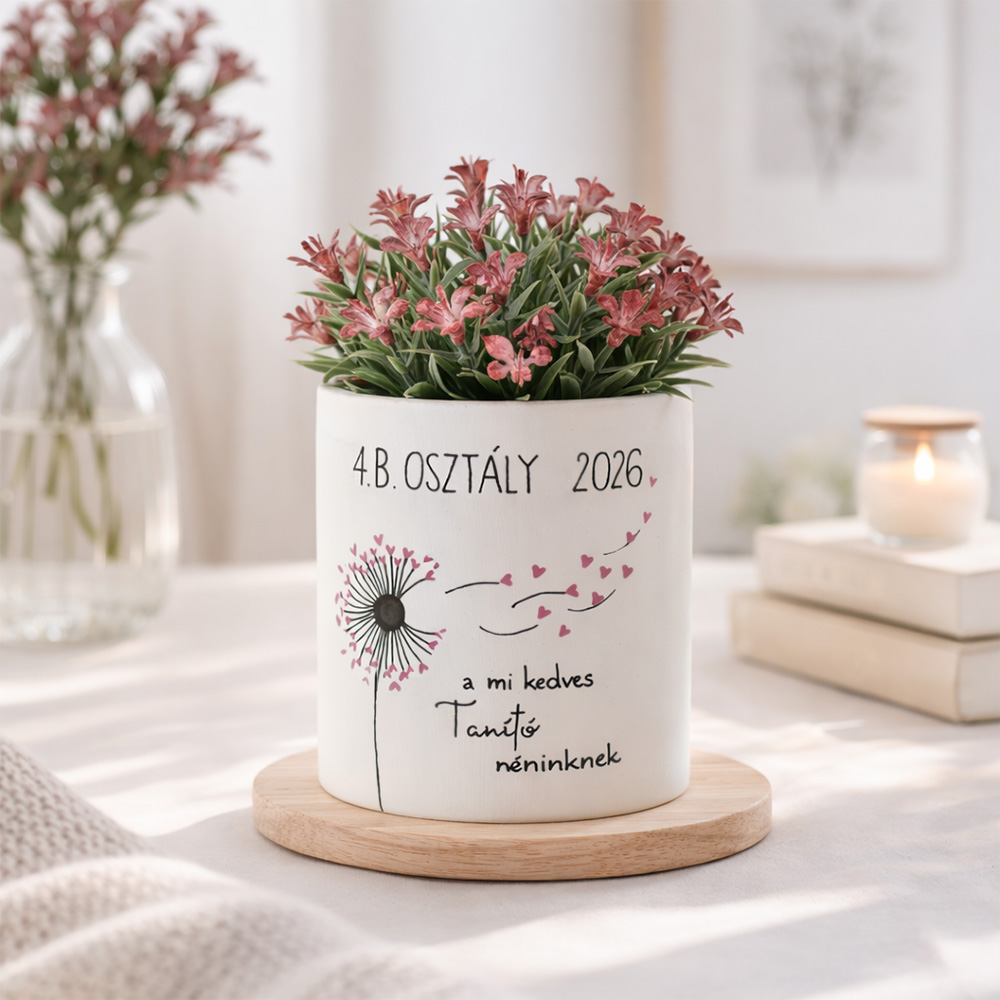 Pedagógus ajándék - kaspó egyedi rajzzal és virággal