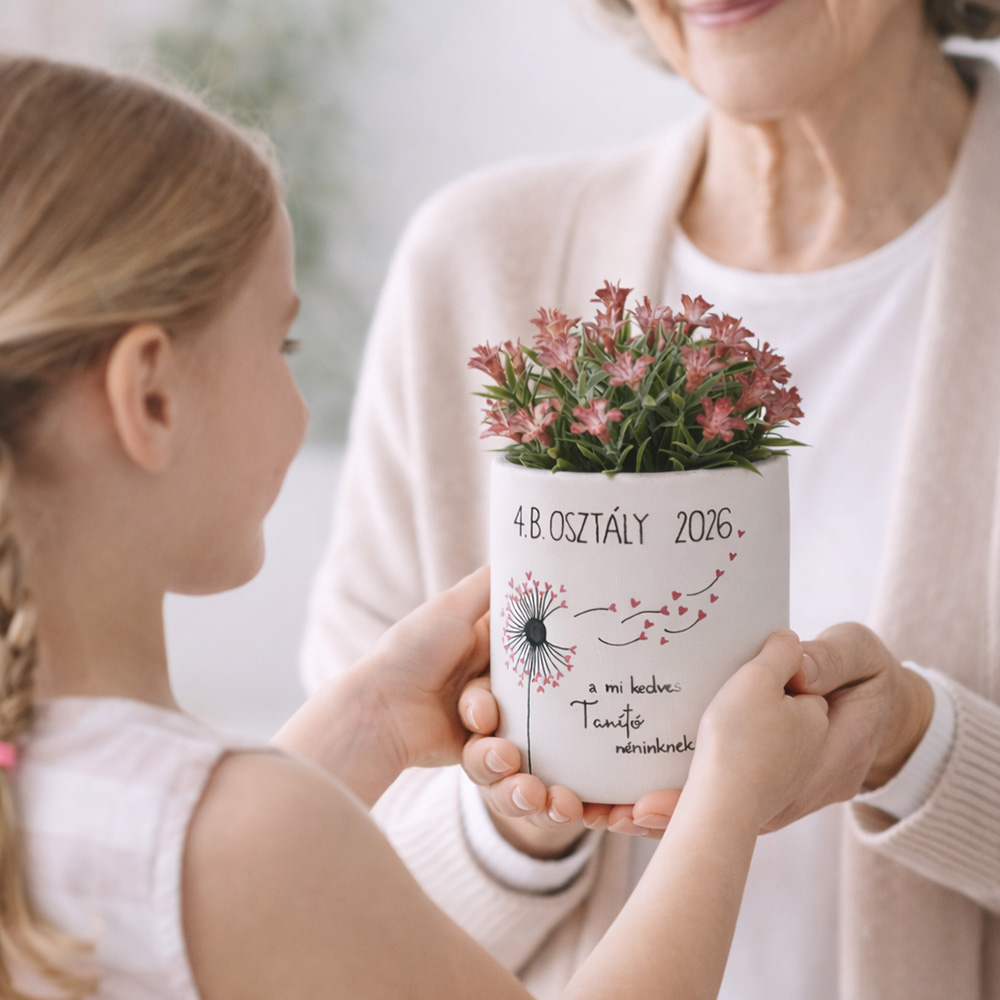 Pedagógus ajándék - kaspó egyedi rajzzal és virággal