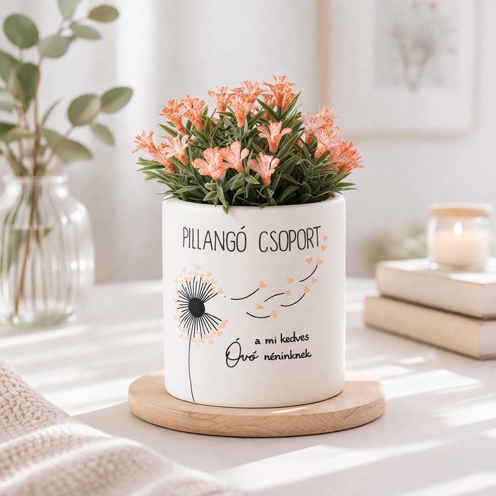 Pedagógus ajándék - kaspó egyedi rajzzal és virággal