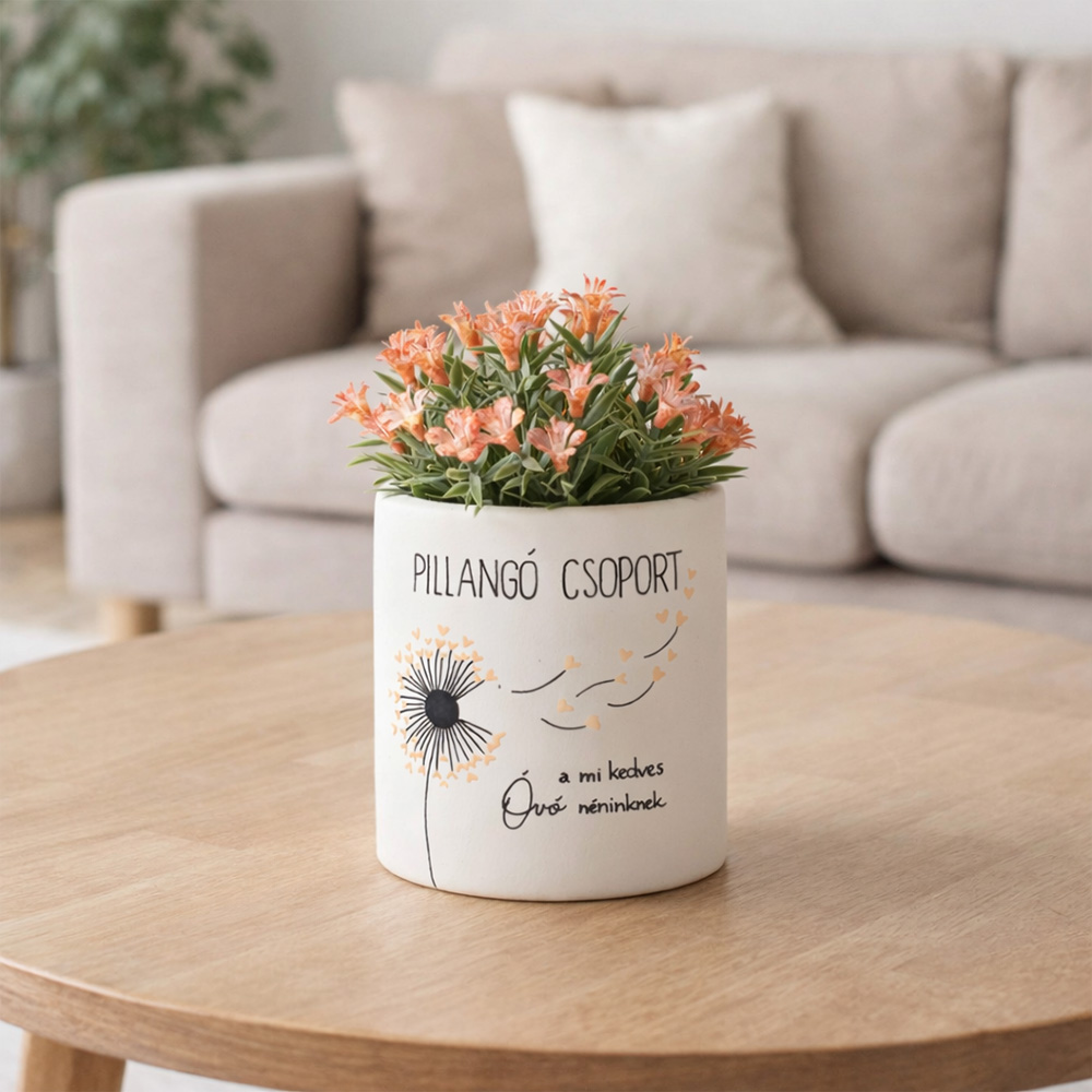 Pedagógus ajándék - kaspó egyedi rajzzal és virággal