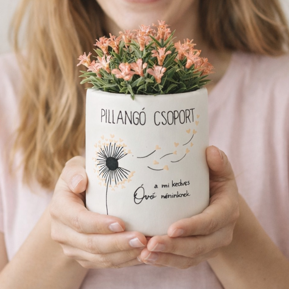 Pedagógus ajándék - kaspó egyedi rajzzal és virággal