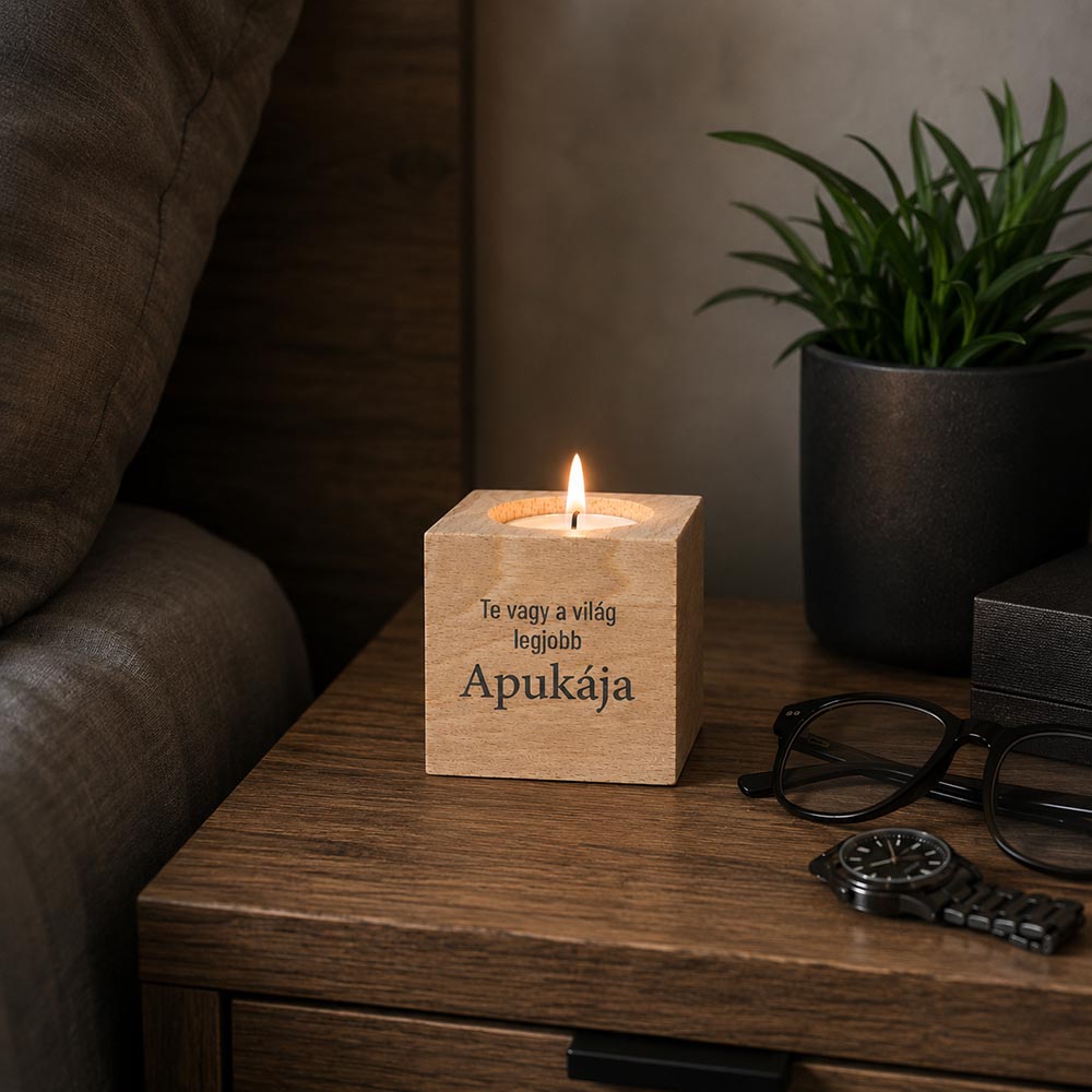 Apák napi fakocka ajándék - mécsestartóval