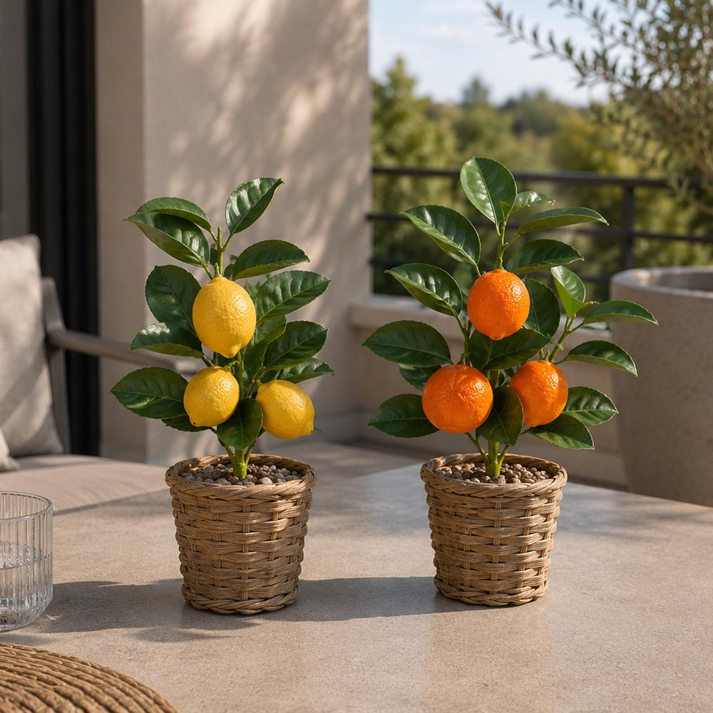 Mű citrusfa fonott kaspóban - citrom vagy mandarin