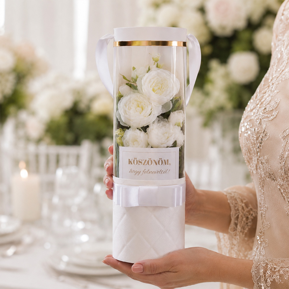 Szülőköszöntő ajándék elegáns virágbox