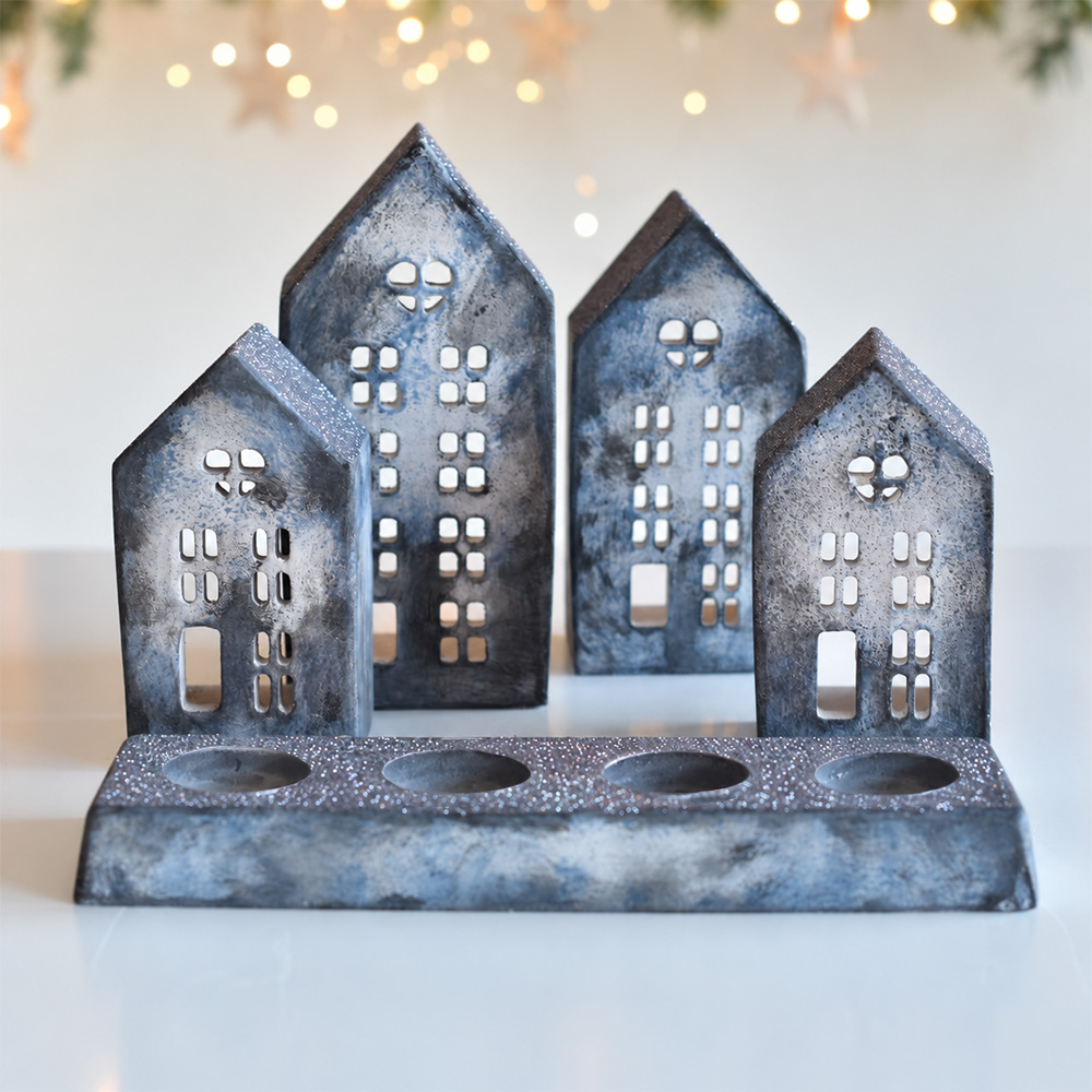 Karácsonyi házikók - Adventi szett gyertyatartóval