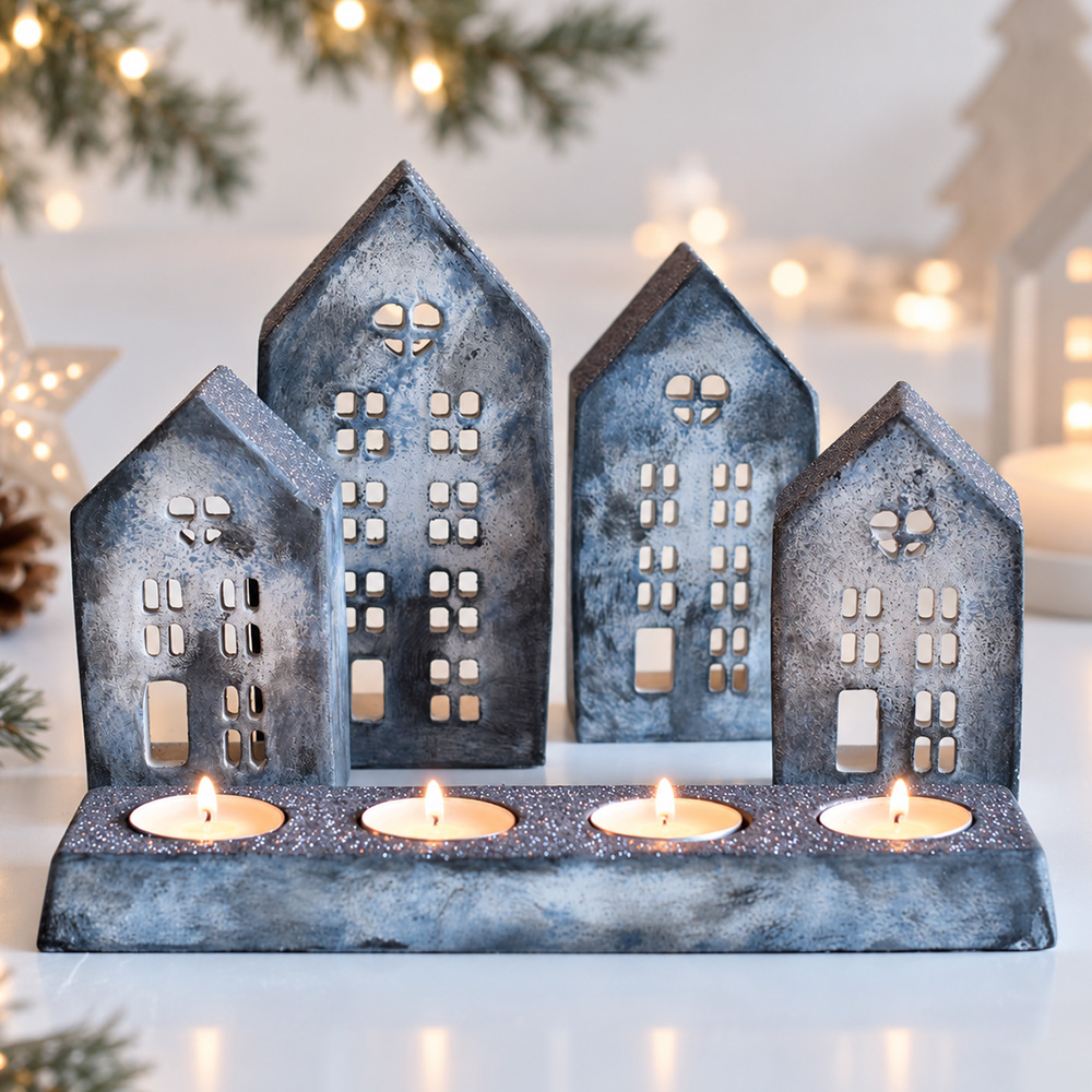 Karácsonyi házikók - Adventi szett gyertyatartóval